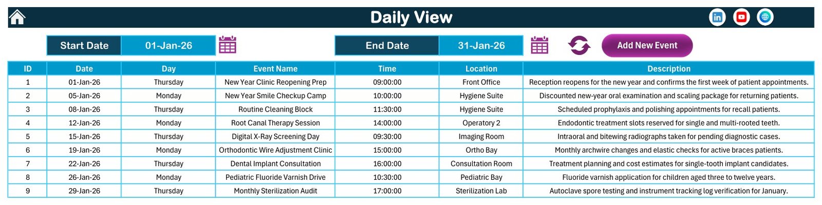 Dental Clinic Appointment Calendar in Excel daily view