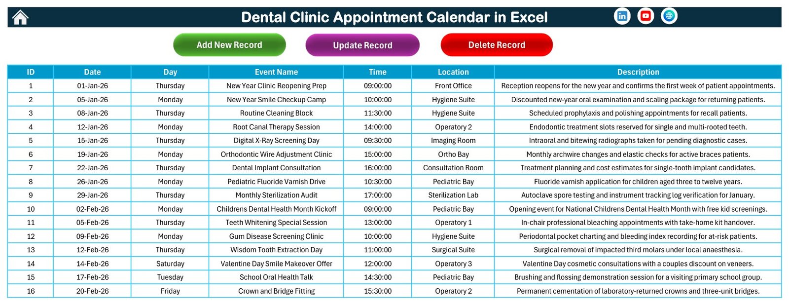 Dental Clinic Appointment Calendar in Excel events database