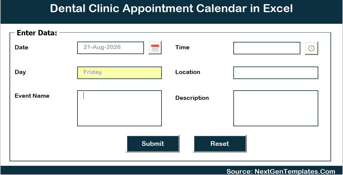 Dental Clinic Appointment Calendar in Excel add new event form