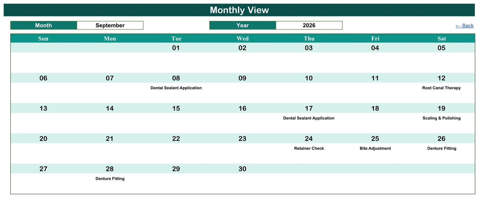 Monthly View of the Dental Clinic Appointment Calendar in Google Sheets for September 2026 with procedure names printed under the dates