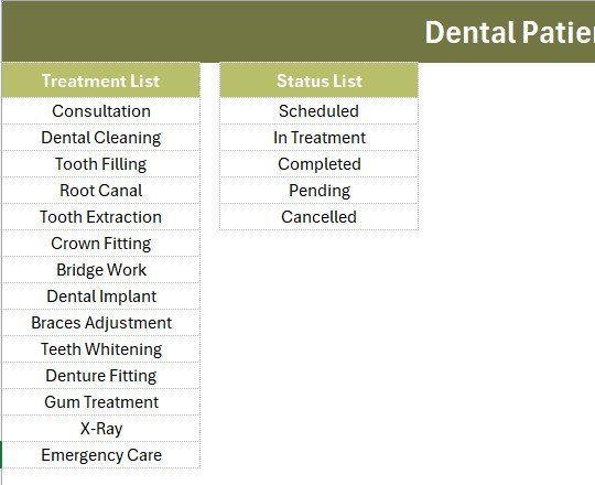 Dental Patient Log Data Entry System in Excel - Setting Sheet dropdown lists
