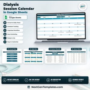 Dialysis Session Calendar in Google Sheets product image showing the Monthly View, Annual View, Daily View and Events tabs
