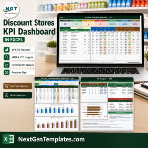 Discount Stores KPI Dashboard in Excel product image showing the retail KPI scorecard, KPI Trend and KPI Analysis pages