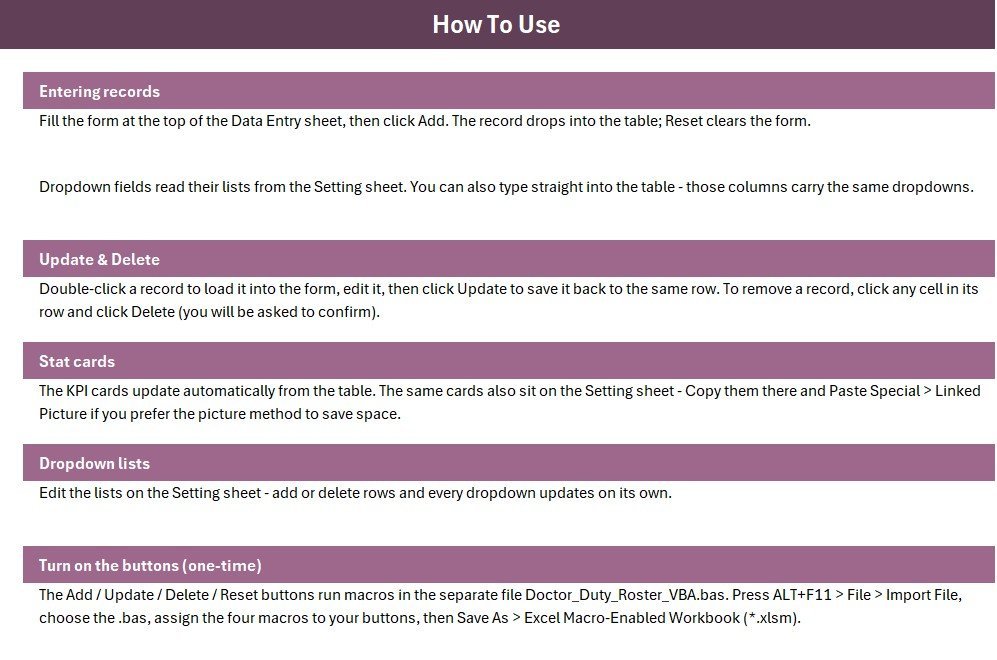 Doctor Duty Roster Data Entry System in Excel instructions sheet
