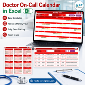 Doctor On-Call Calendar in Excel product cover showing the Monthly View, Annual View and Daily View