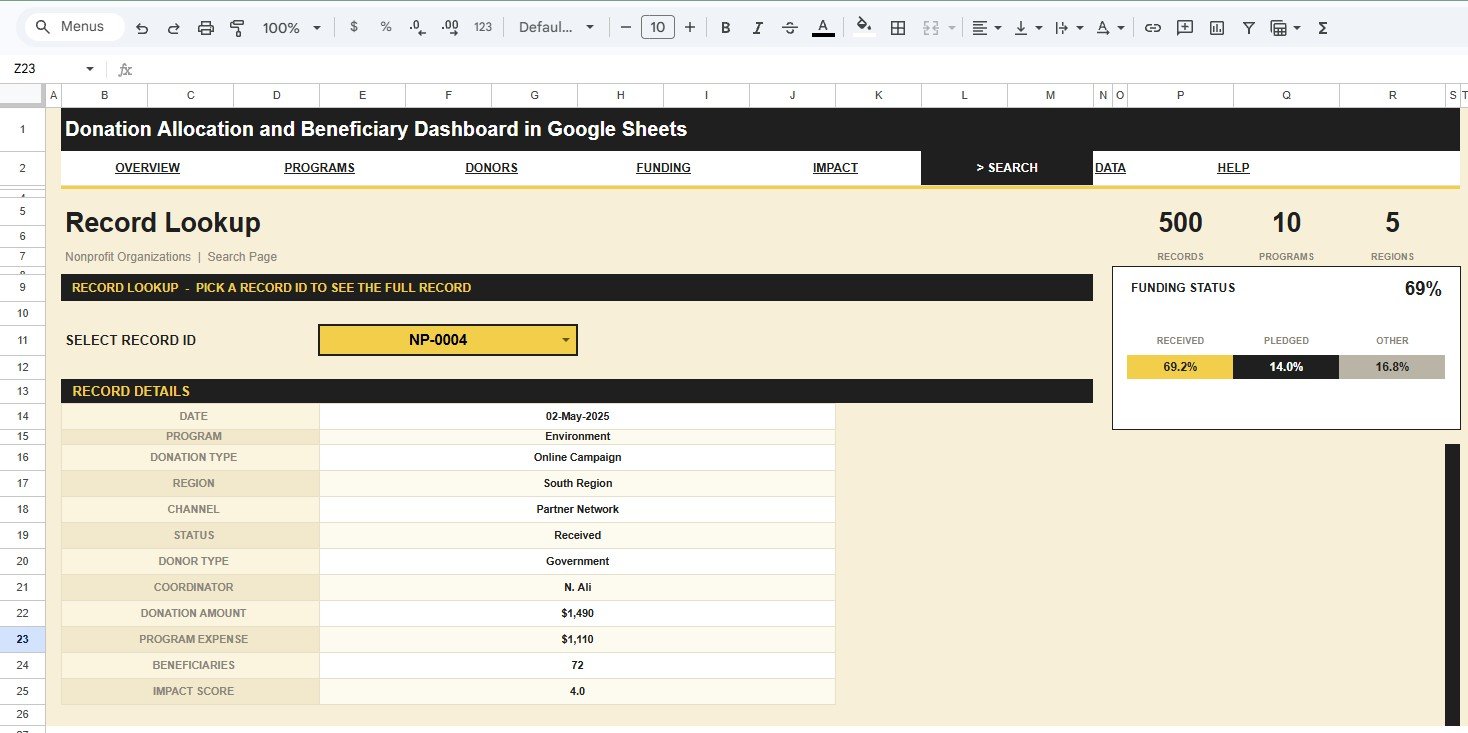Search Sheet tab in Donation Allocation and Beneficiary Dashboard in Google Sheets