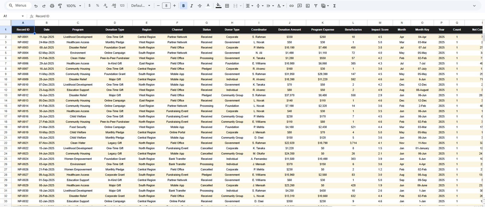 Data Sheet tab in Donation Allocation and Beneficiary Dashboard in Google Sheets