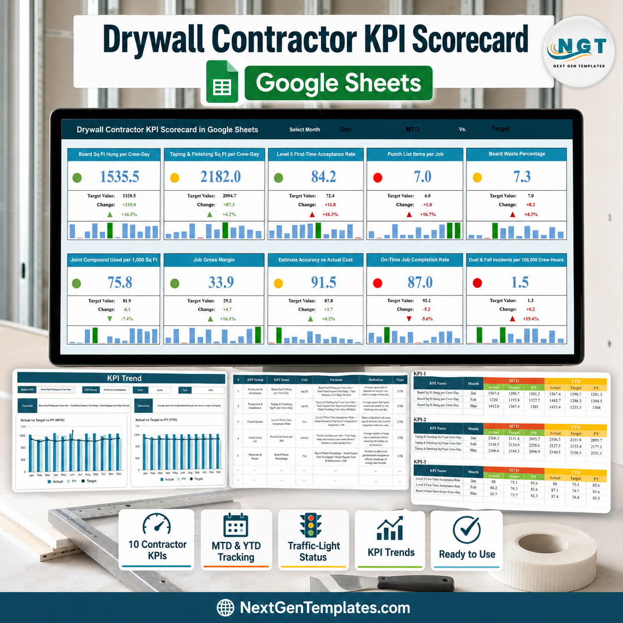 Drywall Contractor KPI Scorecard in Google Sheets