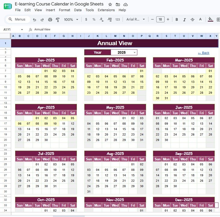 Annual View sheet for e-learning course calendar in Google Sheets