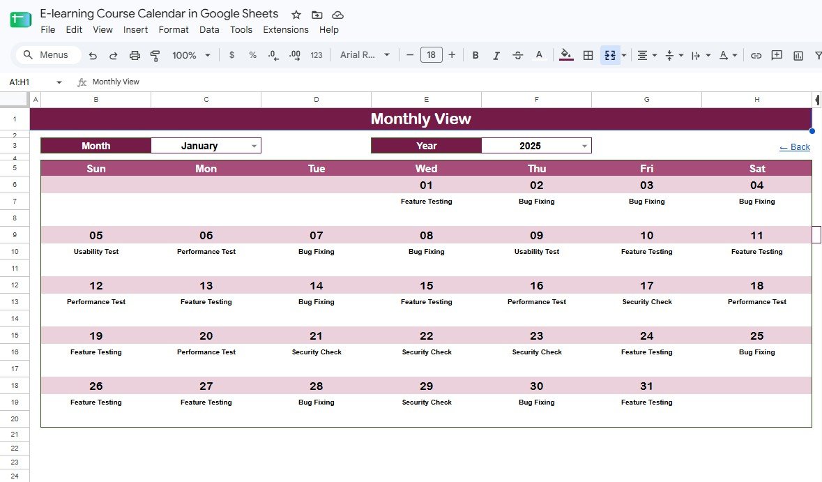 Monthly View sheet with scheduled course events
