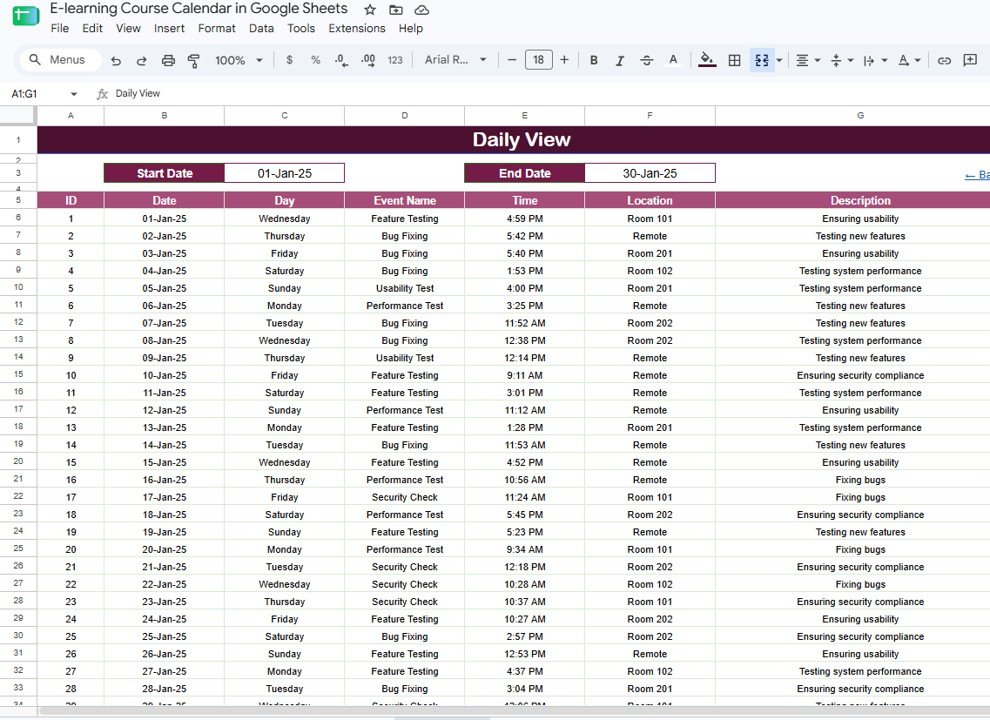 Daily View sheet with date range event list