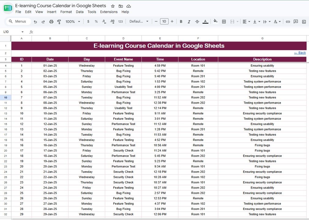 Events database sheet for e-learning course calendar