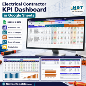 Electrical Contractor KPI Dashboard in Google Sheets product cover showing the KPI scorecard, KPI Trend and KPI Analysis pages