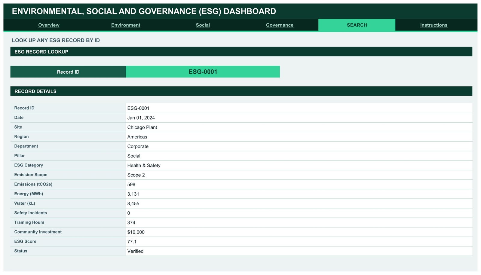 ESG Dashboard Search page looking up a single ESG record by Record ID in Google Sheets