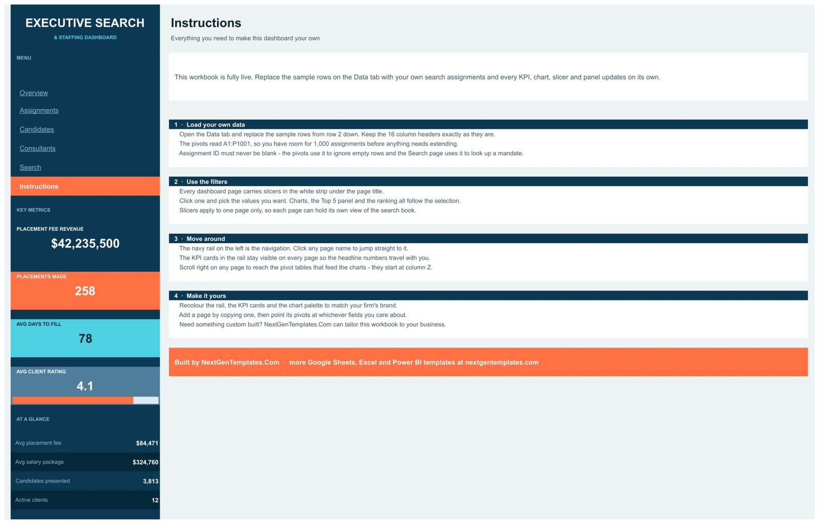 Instructions page explaining how to load your own data, use the filters and recolour the workbook