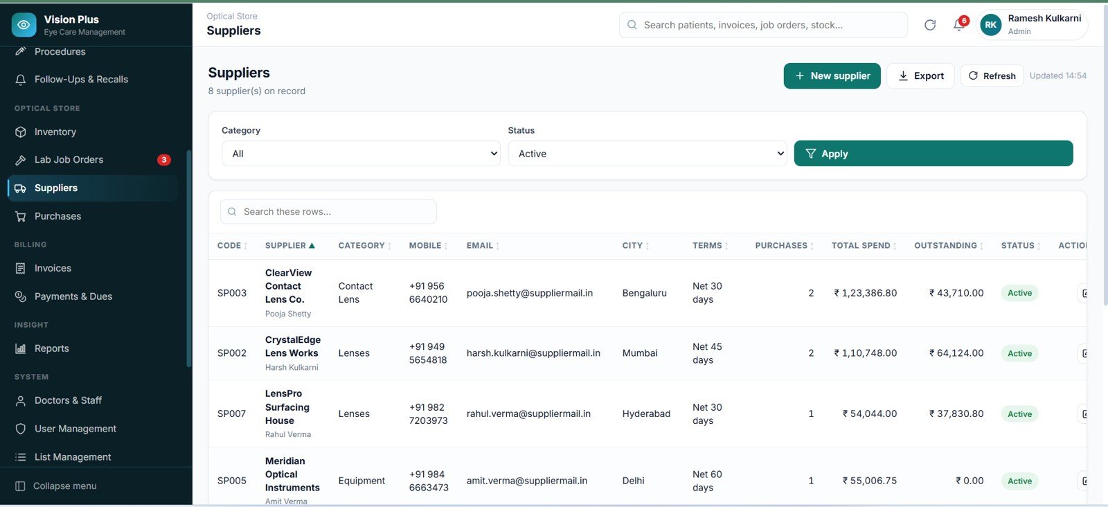 Eye Care Center Management System Web App suppliers