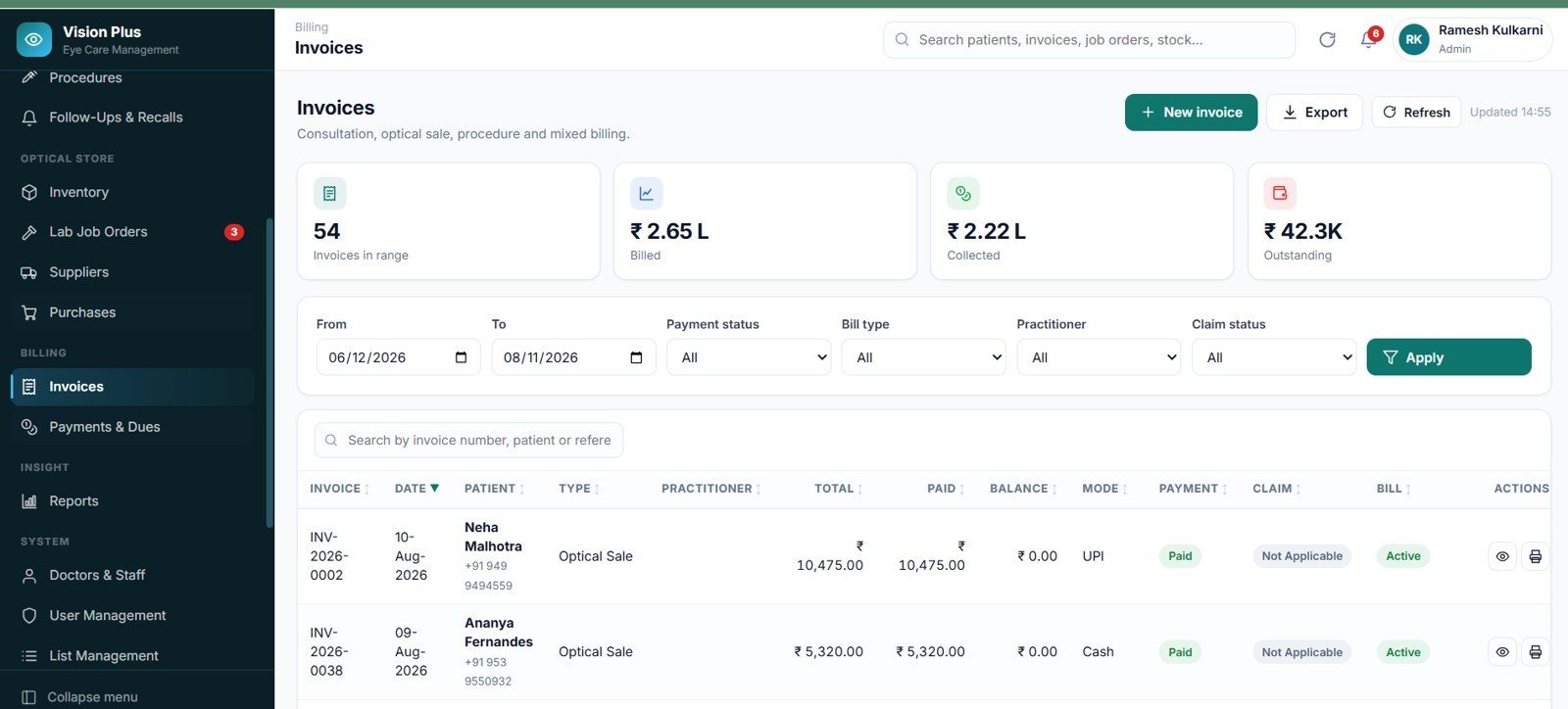 Eye Care Center Management System Web App - Invoices