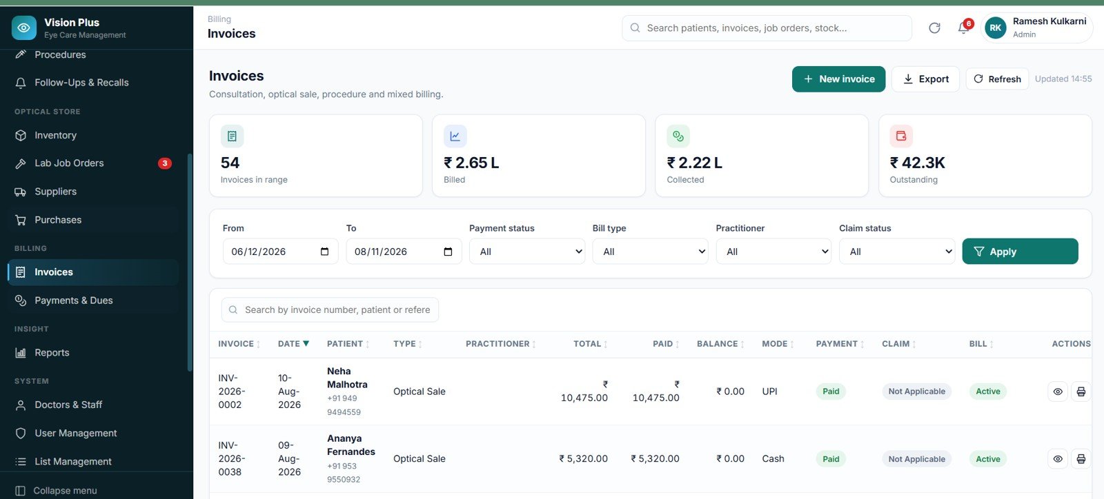 Eye Care Center Management System Web App invoices