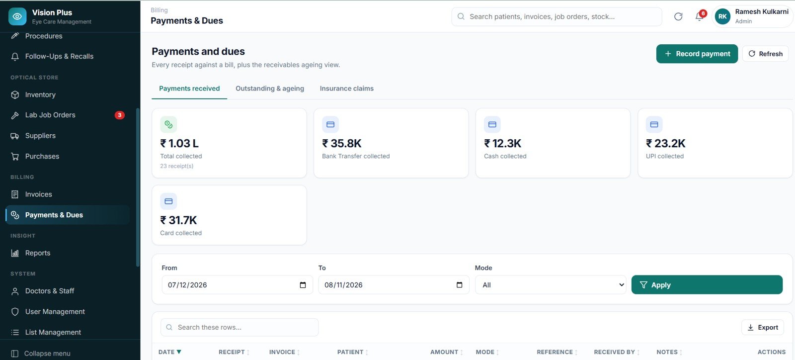 Eye Care Center Management System Web App payments and dues