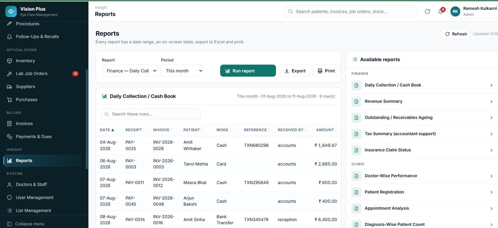 Eye Care Center Management System Web App - Reports
