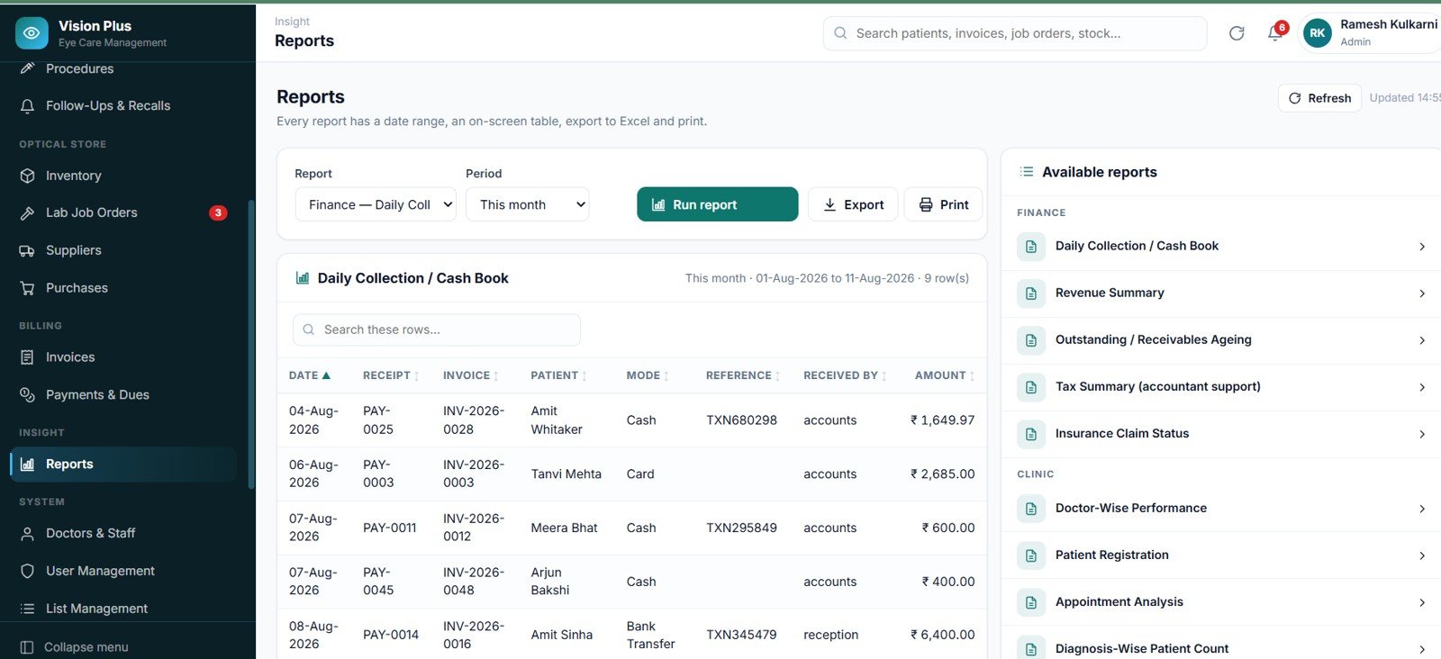 Eye Care Center Management System Web App reports