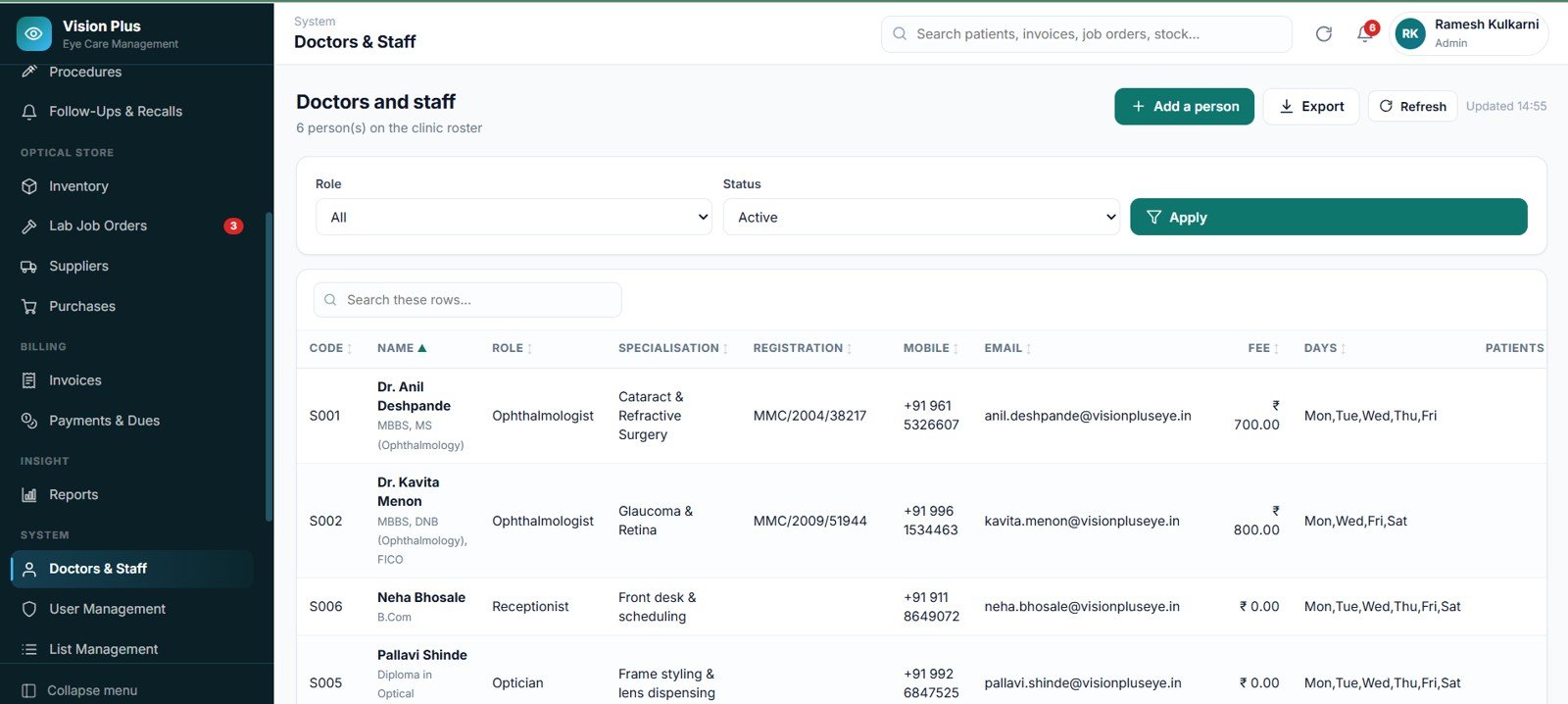 Eye Care Center Management System Web App doctors and staff