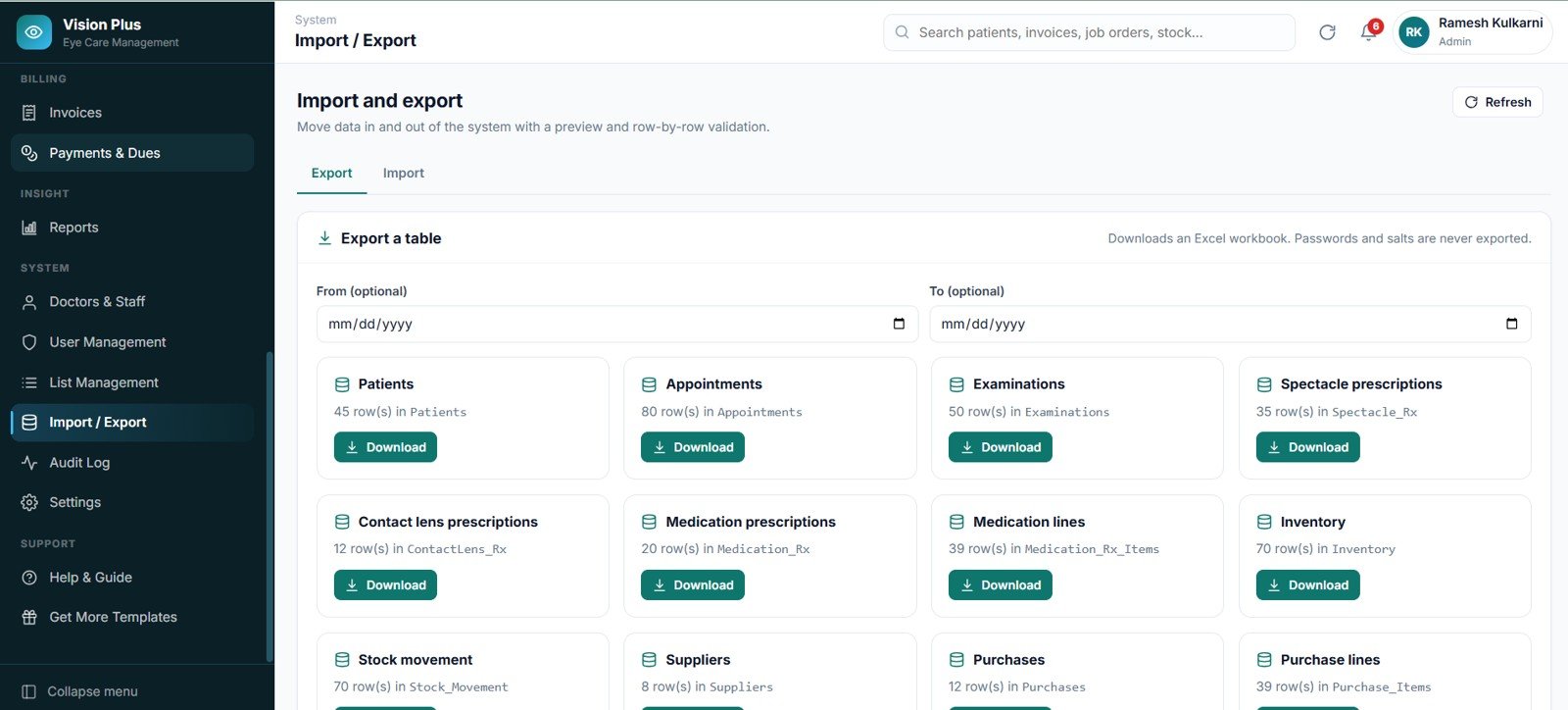 Eye Care Center Management System Web App import and export