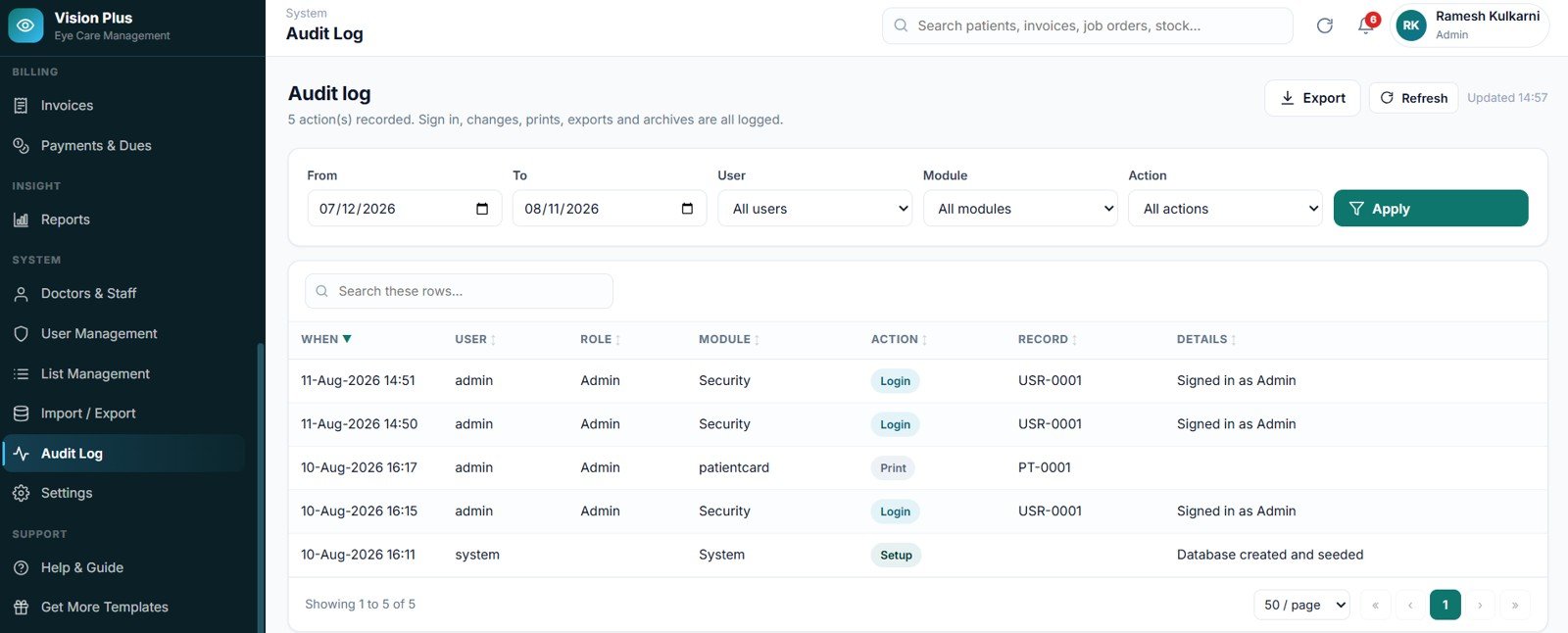 Eye Care Center Management System Web App audit log