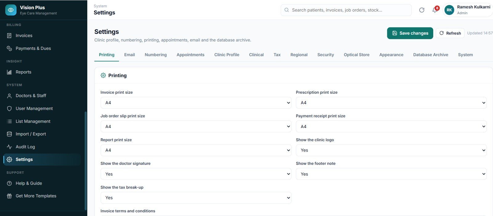 Eye Care Center Management System Web App - Settings