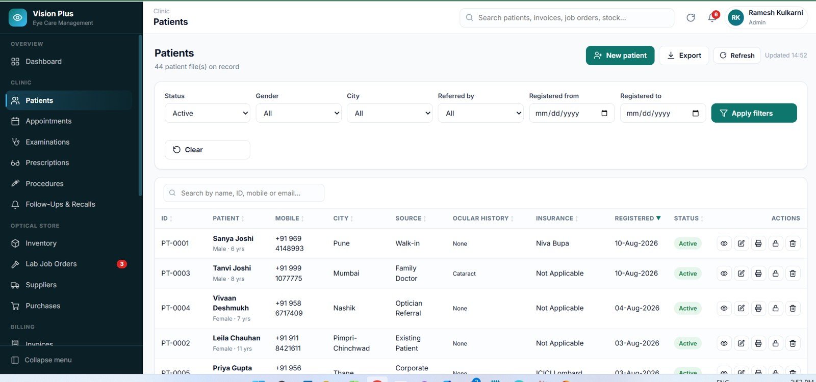 Eye Care Center Management System Web App patient register