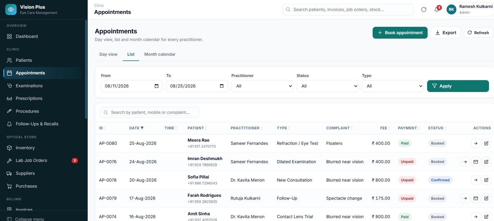 Eye Care Center Management System Web App appointments