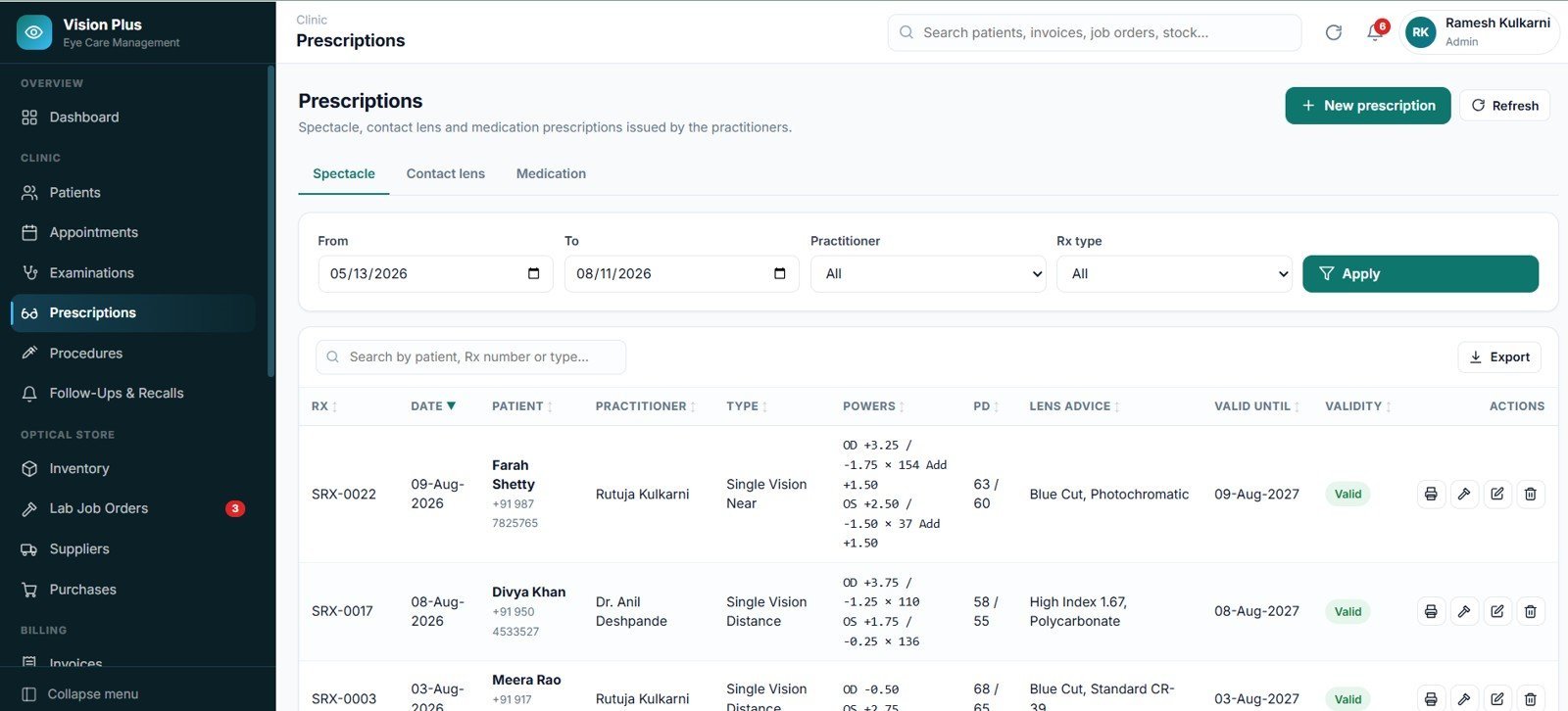 Eye Care Center Management System Web App - Prescriptions