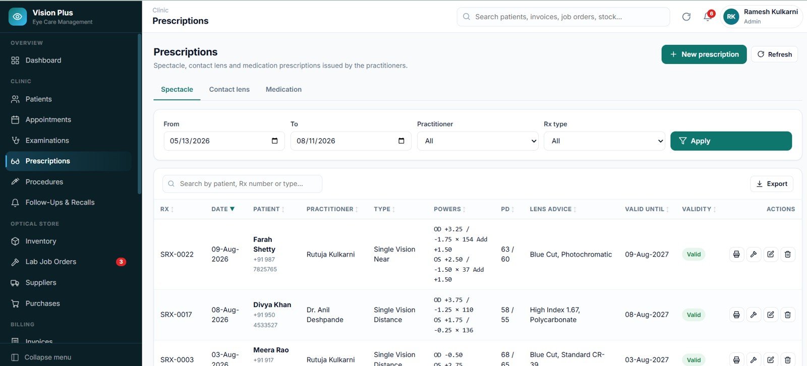 Eye Care Center Management System Web App prescriptions