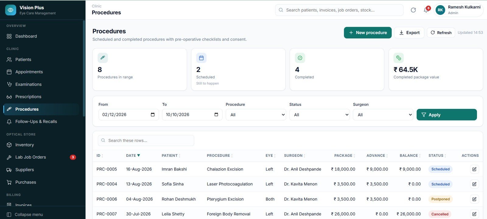 Eye Care Center Management System Web App - Procedures