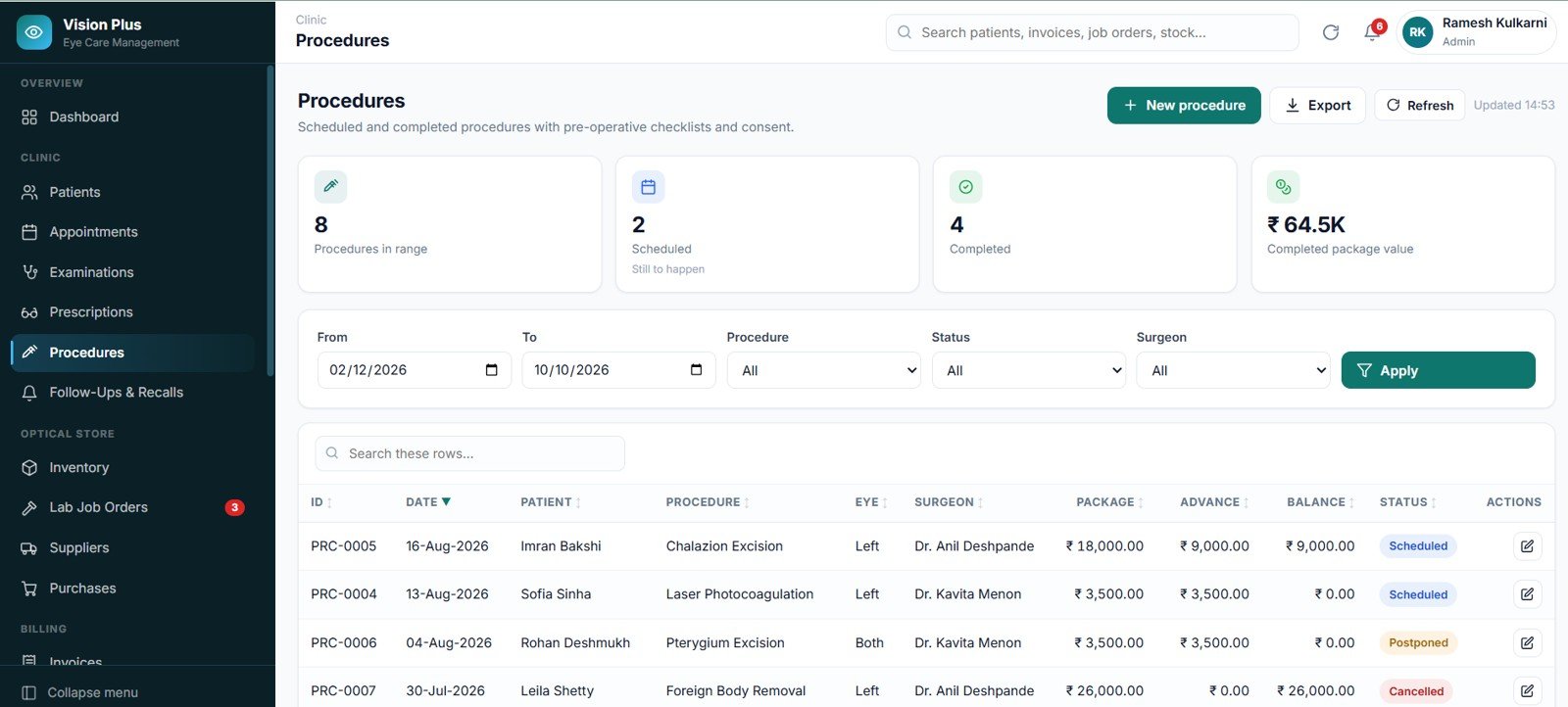 Eye Care Center Management System Web App procedures