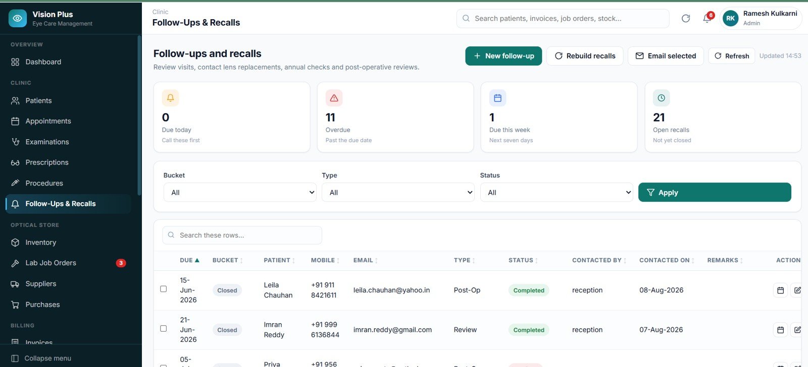 Eye Care Center Management System Web App follow-ups and recalls