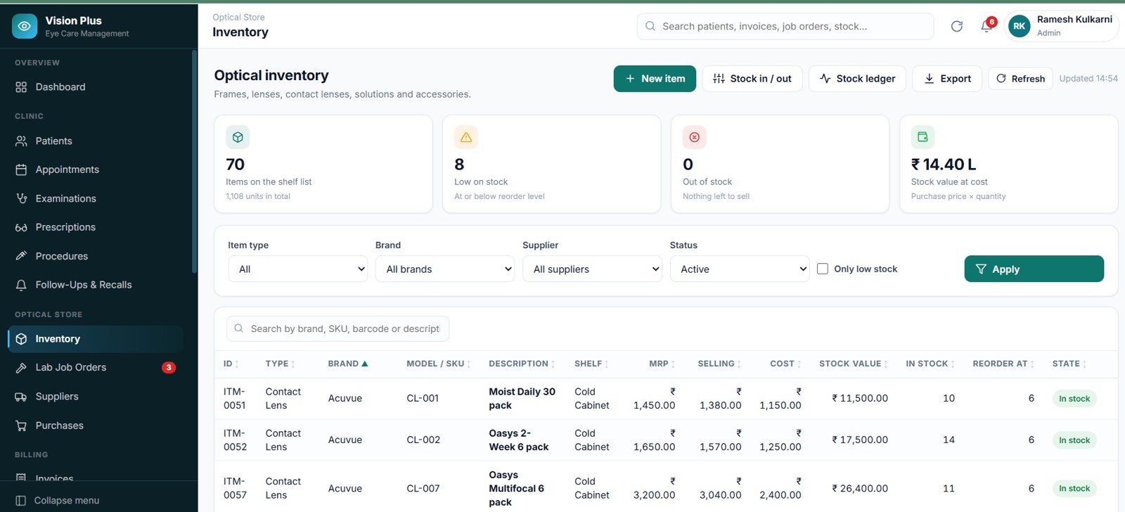 Eye Care Center Management System Web App optical inventory