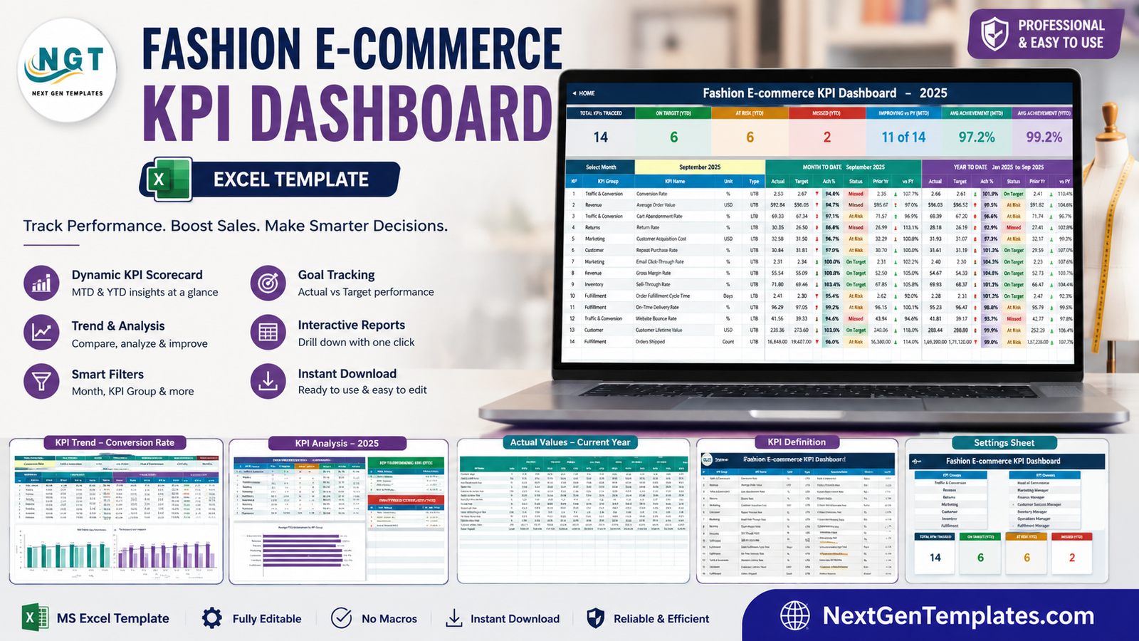 Fashion E-commerce KPI Dashboard in Excel - template overview