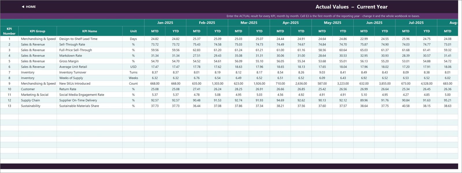 KPI Input - Actual sheet for entering this year monthly results