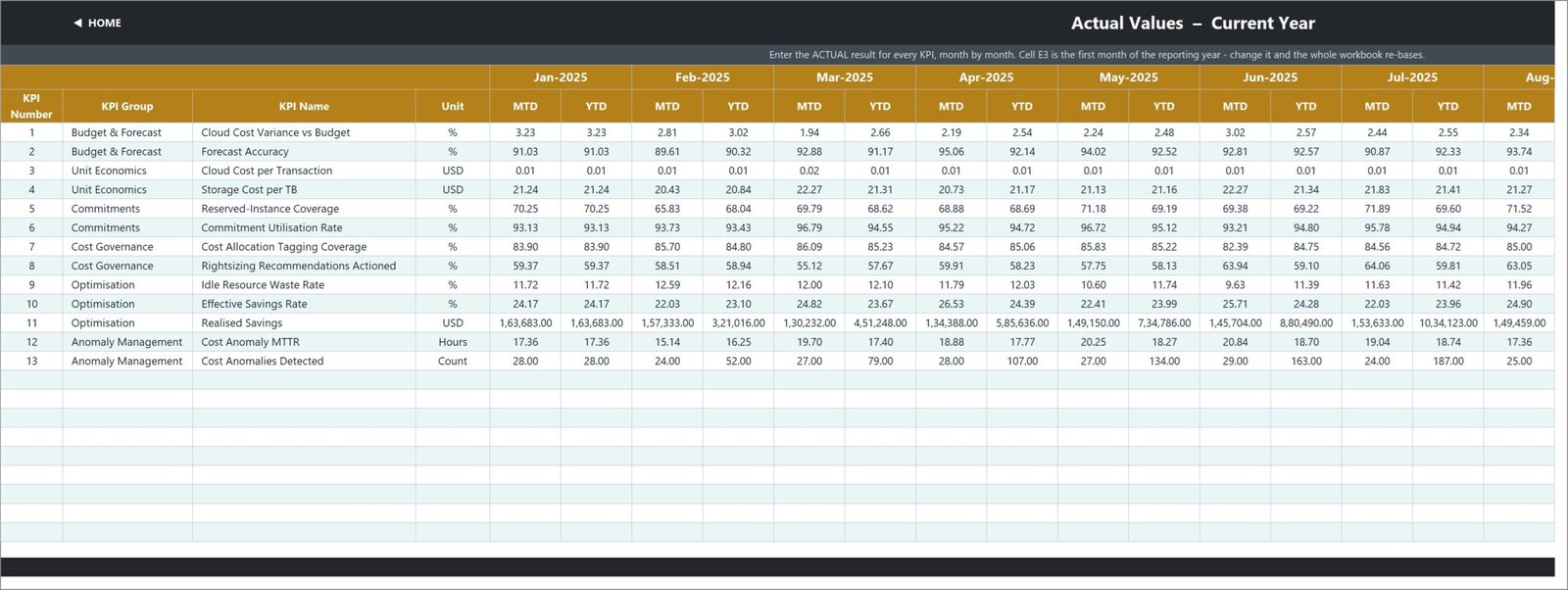 Current-year actual input sheet for 13 FinOps KPIs