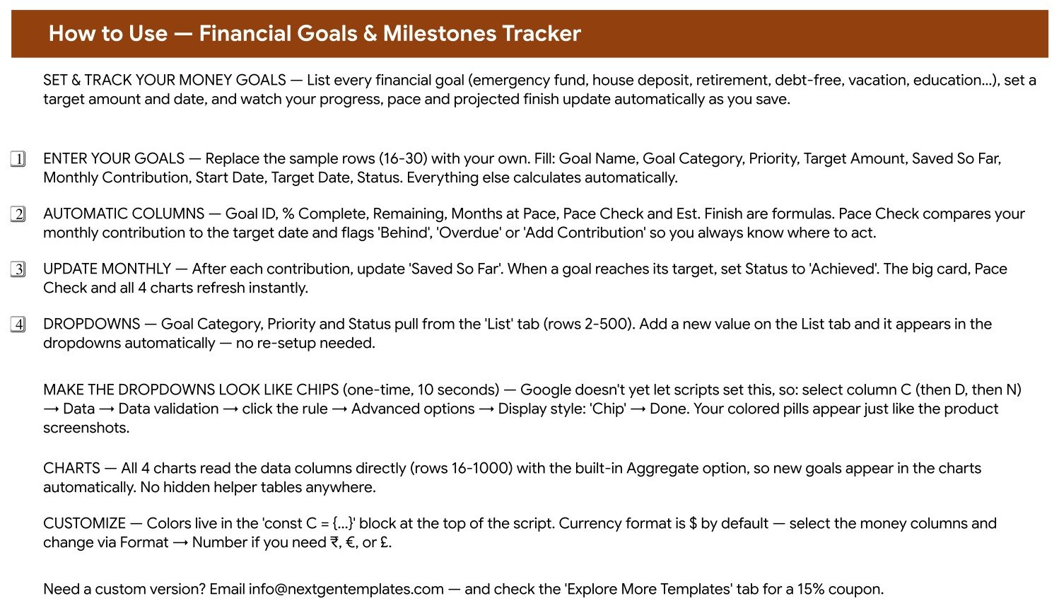 How to Use page of the Financial Goals & Milestones Tracker explaining the automatic columns and dropdowns