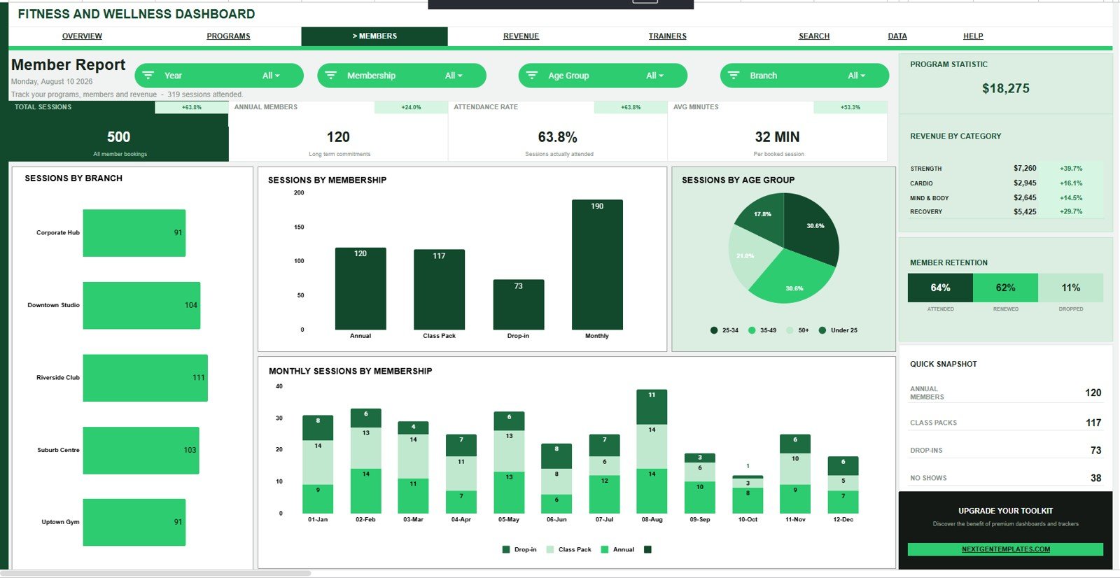 Member Report in Fitness and Wellness Dashboard in Google Sheets