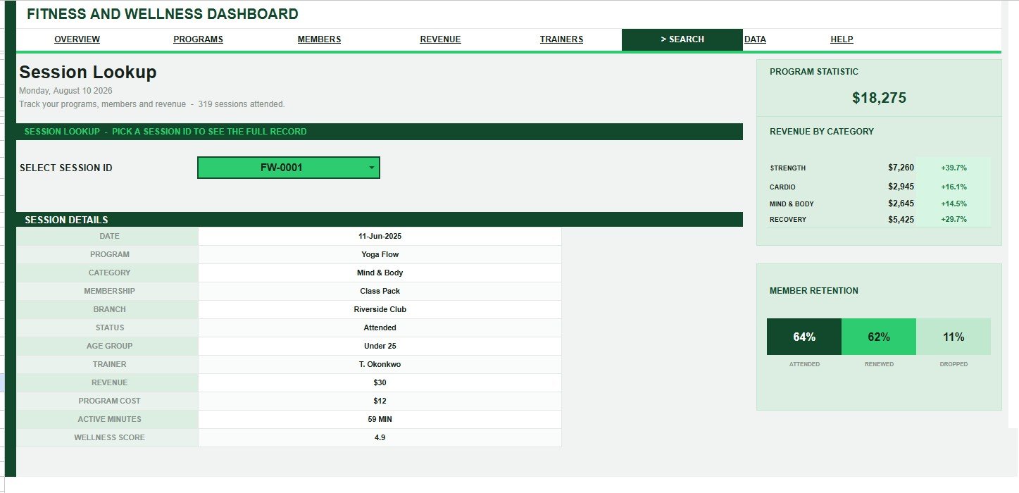 Search Sheet tab in Fitness and Wellness Dashboard in Google Sheets