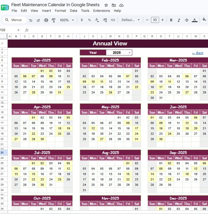 Fleet Maintenance Calendar in Google Sheets - Annual View