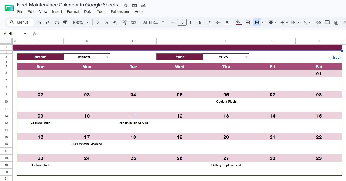 Fleet Maintenance Calendar in Google Sheets - Monthly View