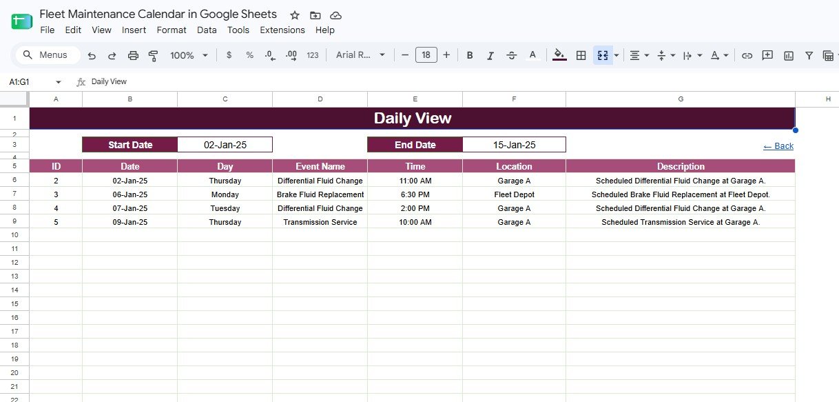 Fleet Maintenance Calendar in Google Sheets - Daily View