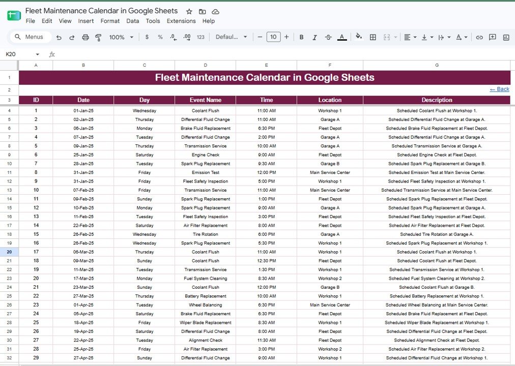 Fleet Maintenance Calendar in Google Sheets - Events Sheet