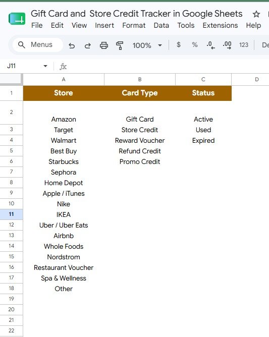 List Sheet in Gift Card and Store Credit Tracker in Google Sheets with store card type and status values