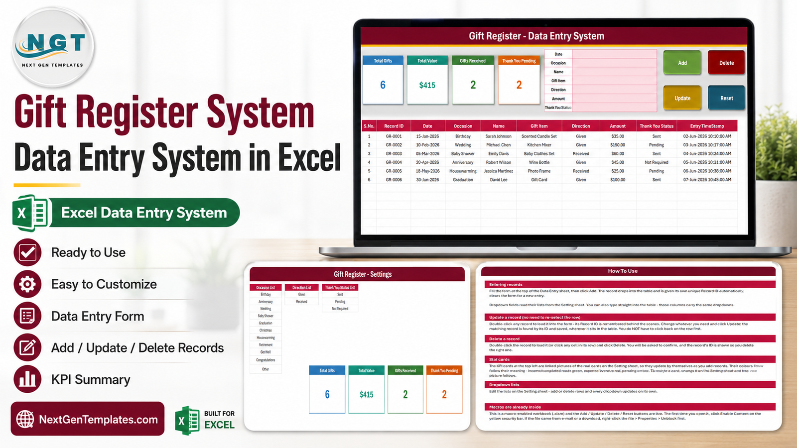 Gift Register Data Entry System in Excel - macro-enabled workbook for logging gifts given and received