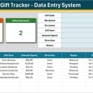 Gift Tracker Data Entry System in Excel - entry form, four KPI cards and the ten-column record table